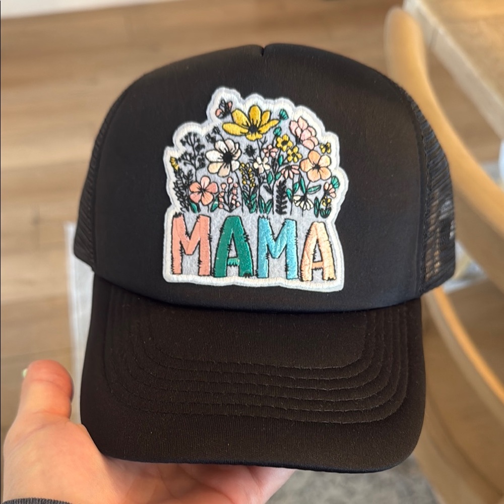 Black Trucker Hat with Floral 'MAMA' Design